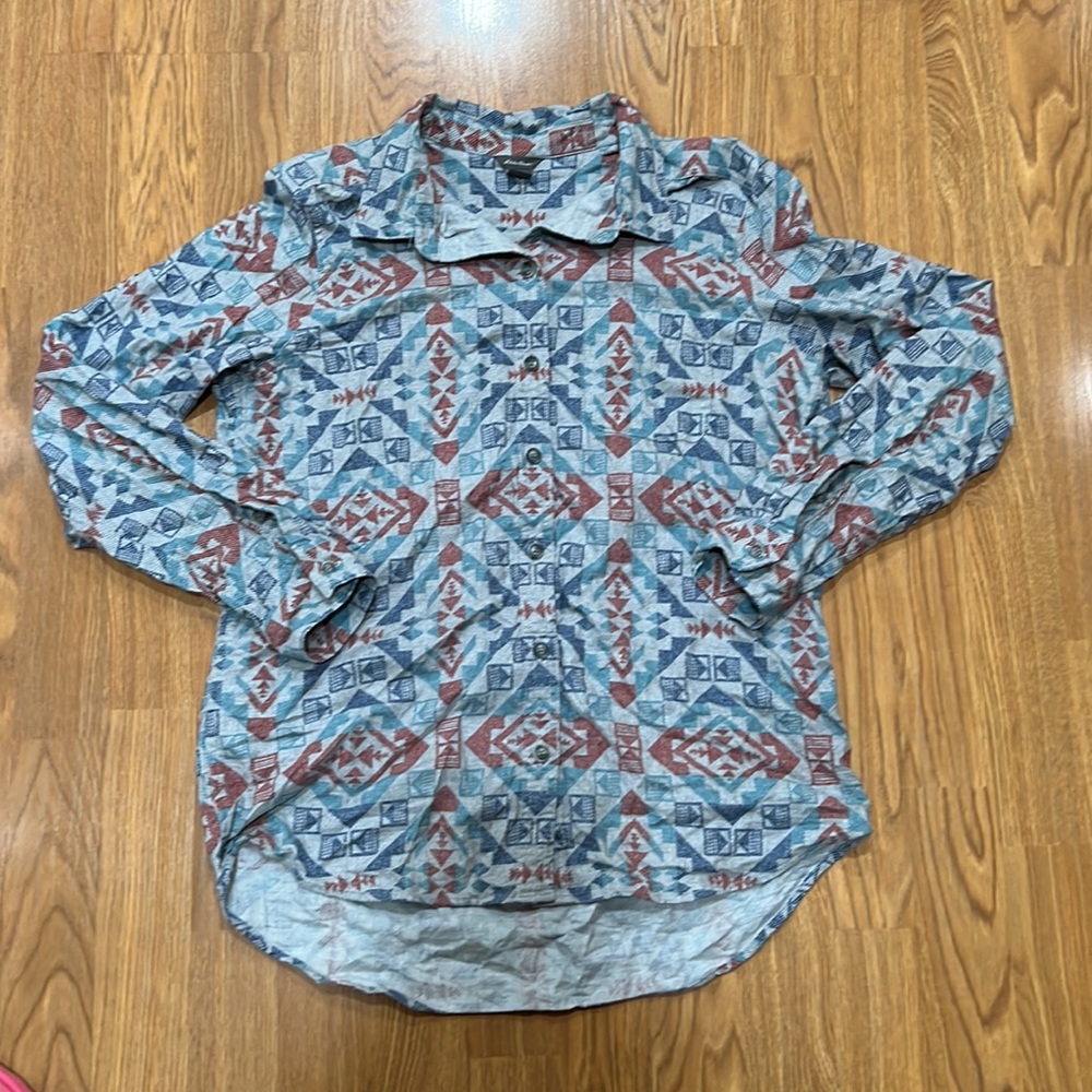 Eddie Bauer Flannel Shirt, Aztec, Western, Button Down, Gray, Red, Blue, Size M